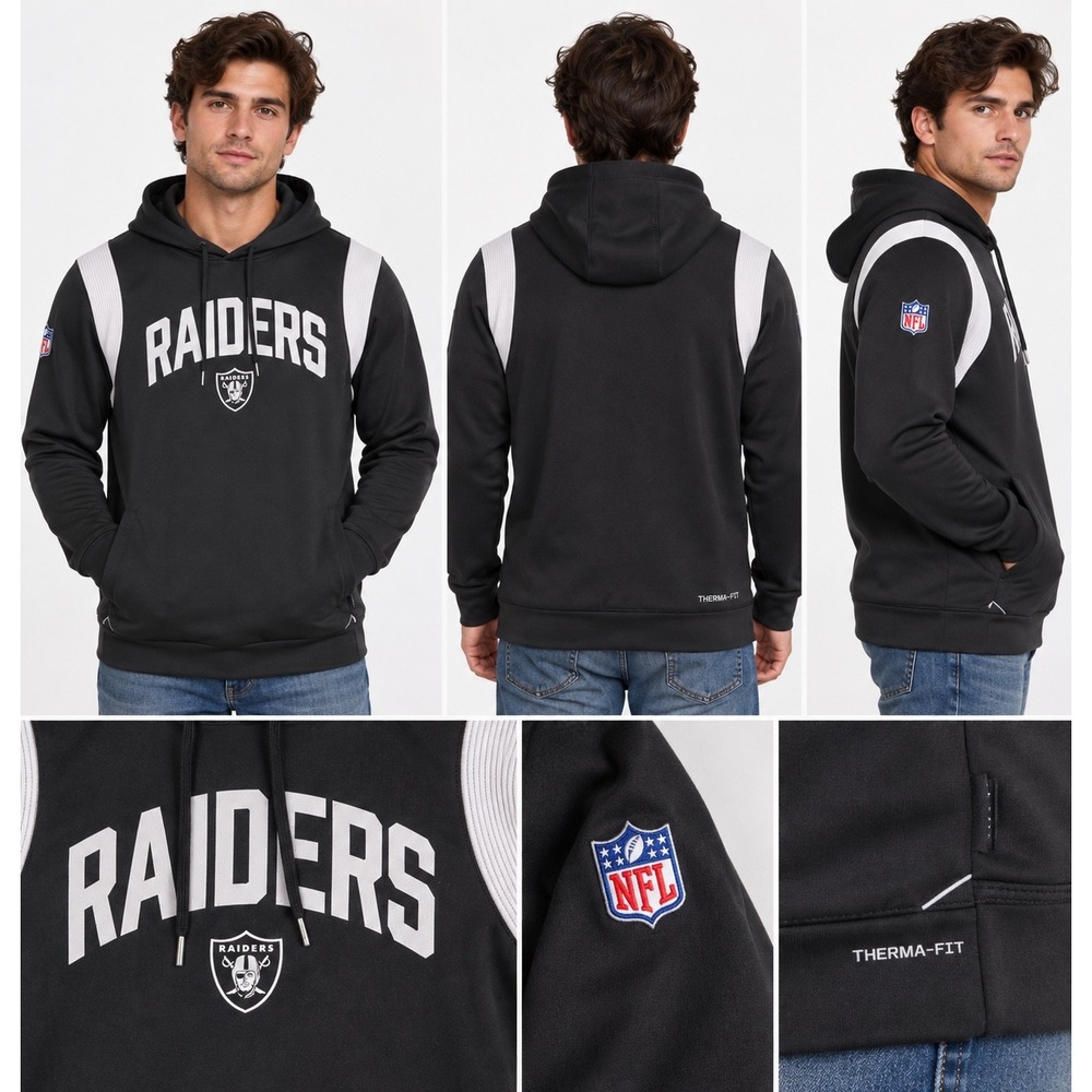 Nike Raiders NFL Therma-FIT Hoodie Mens Large Black Pullover Sweatshirt